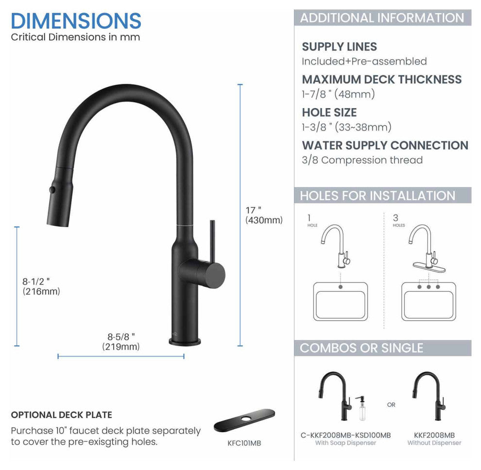 KIBI Hilo Single Handle Pull Down Kitchen Faucet, Matte Black, W/ Soap Dispenser