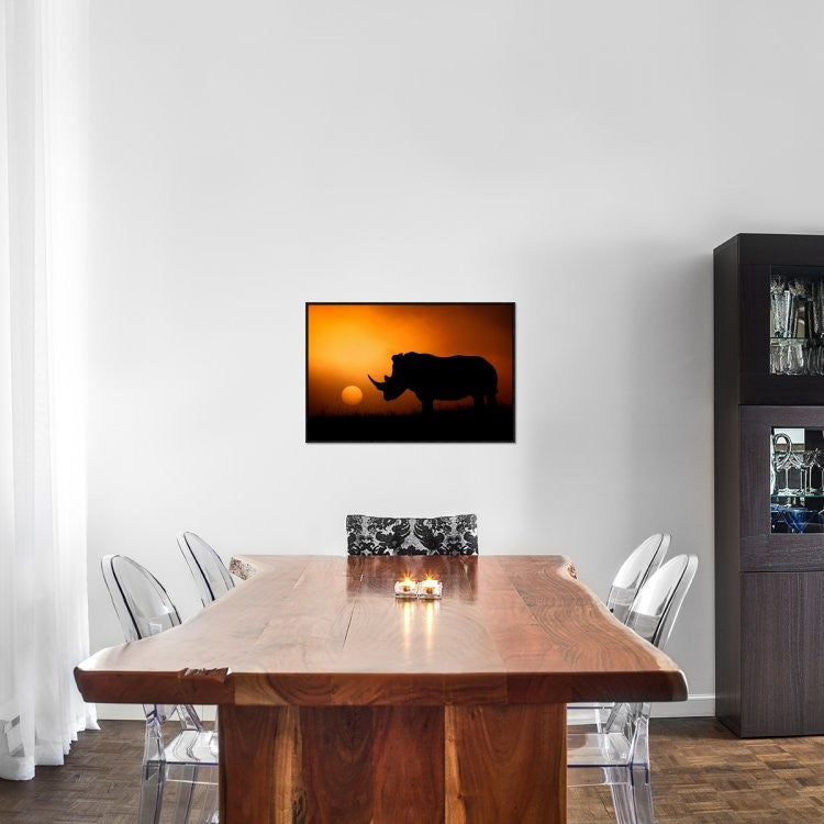 "Rhino Sunrise" Framed Canvas Giclee by Mario Moreno, 31x21"