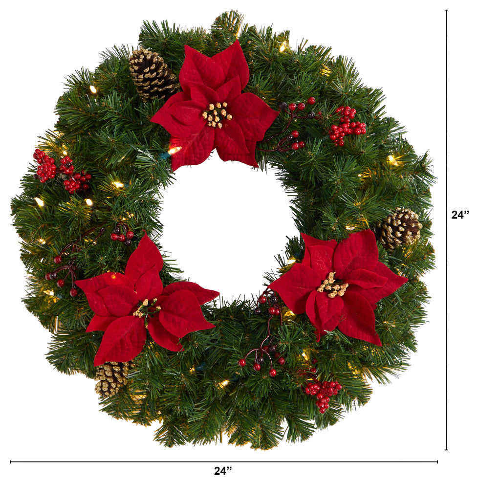 24" Poinsettia, Berry and Pinecone Faux Wreath With 50 Warm White LED Lights