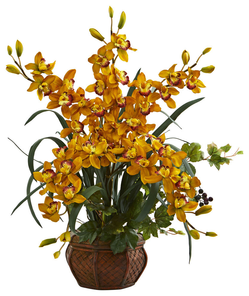 Nearly Natural Cymbidium Orchid Artificial Arrangement in Planter Yellow