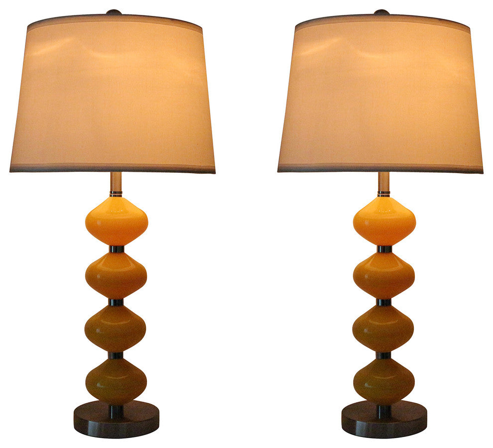 Set of 2 Beautor Lamps, Brushed Steel & Yellow Glass with Cream Shades