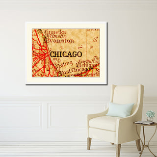 Chicago Illinois Old Map Print On Canvas With Frame Art Collection 16" X 21"