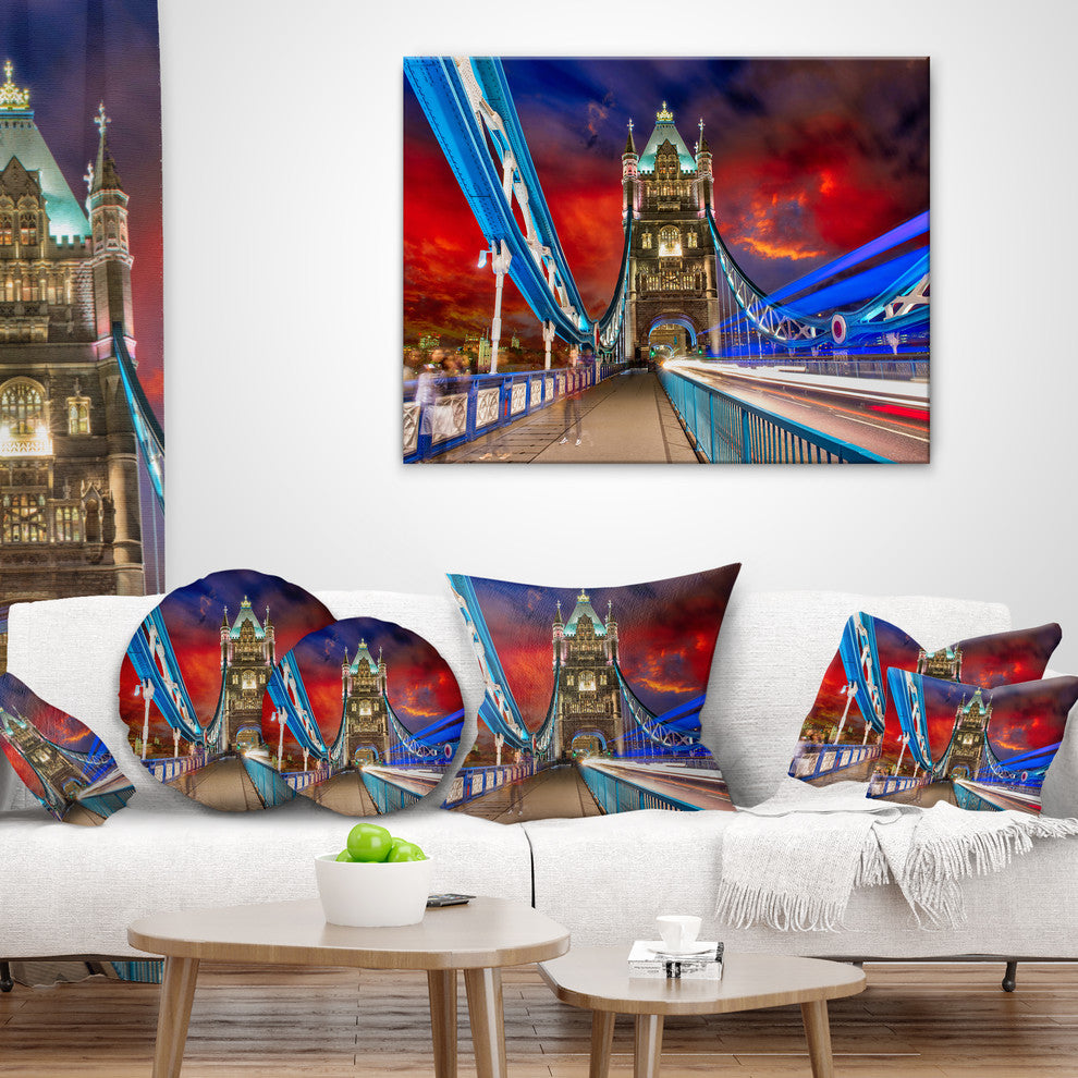 Storm Over Tower Bridge at Night Cityscape Photo Throw Pillow, 18"x18"