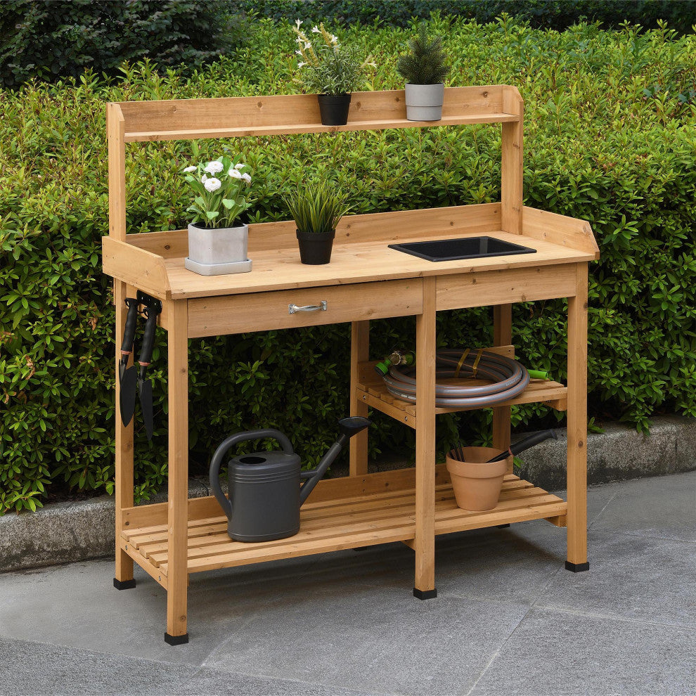 Convenience Concepts Deluxe Potting Bench in Off White Light Oak Wood Finish