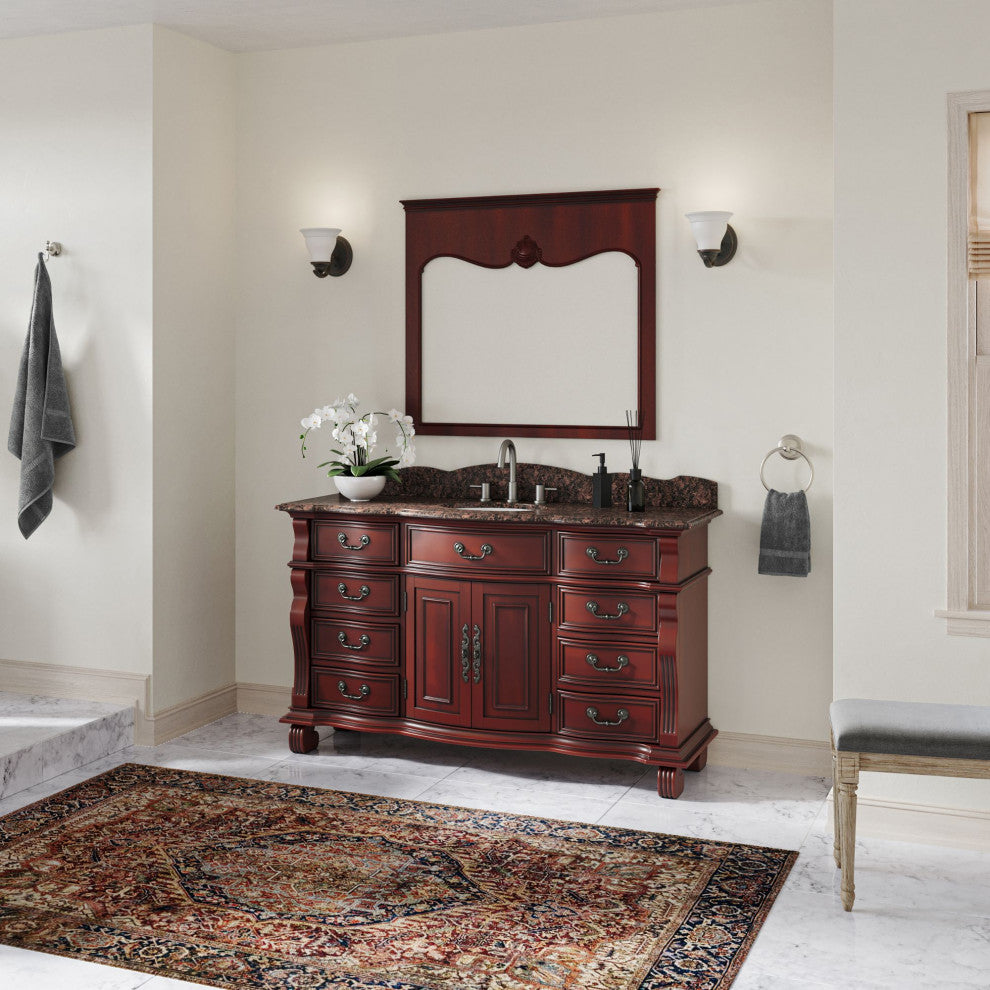 60 inch Cherry Wood Hopkinton Bathroom Sink Vanity Baltic Brown Stone Top, Cherry, 60", Single Sink, Freestanding, With Mirror