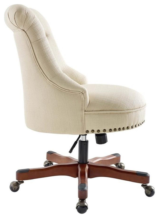 Linon Sinclair Beige Upholstered Adjustable Office Chair in Cherry Wood Base