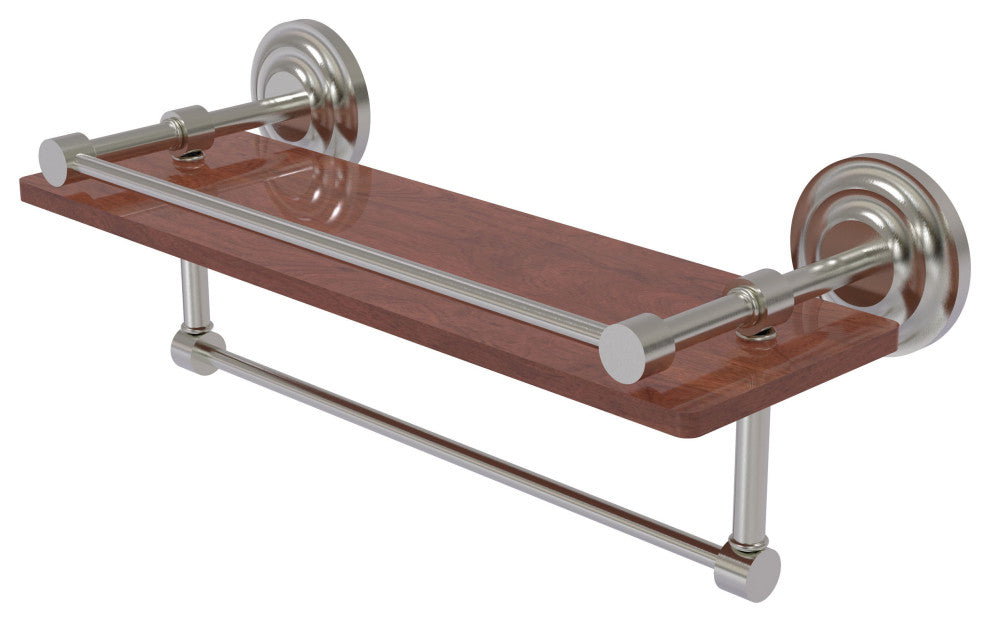 Que New 16" Wood Shelf with Gallery Rail and Towel Bar, Satin Nickel