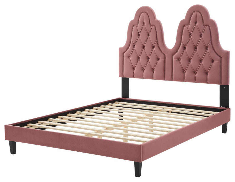 Tufted Platform Bed Frame, Queen Size, Velvet, Pink, Modern Contemporary
