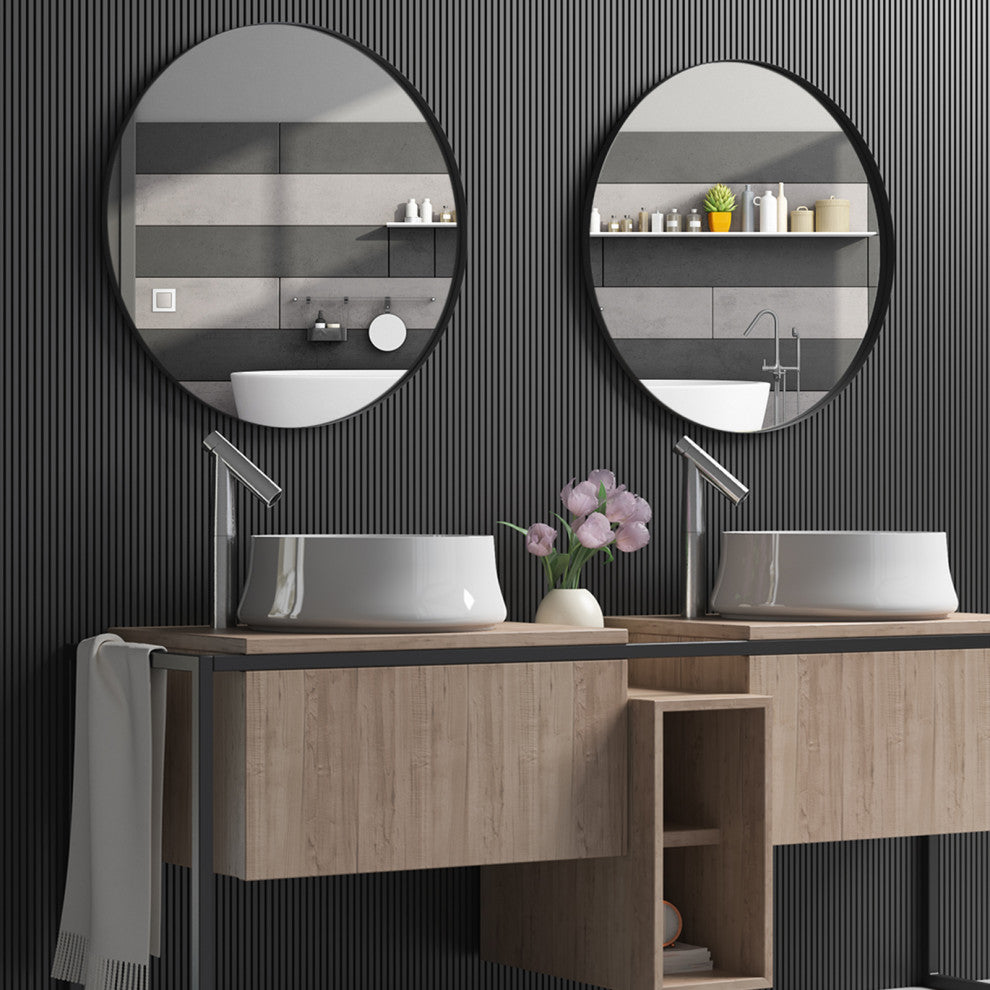 Round Framed Wall Mounted Bathroom Vanity Mirror, Black, 32x32