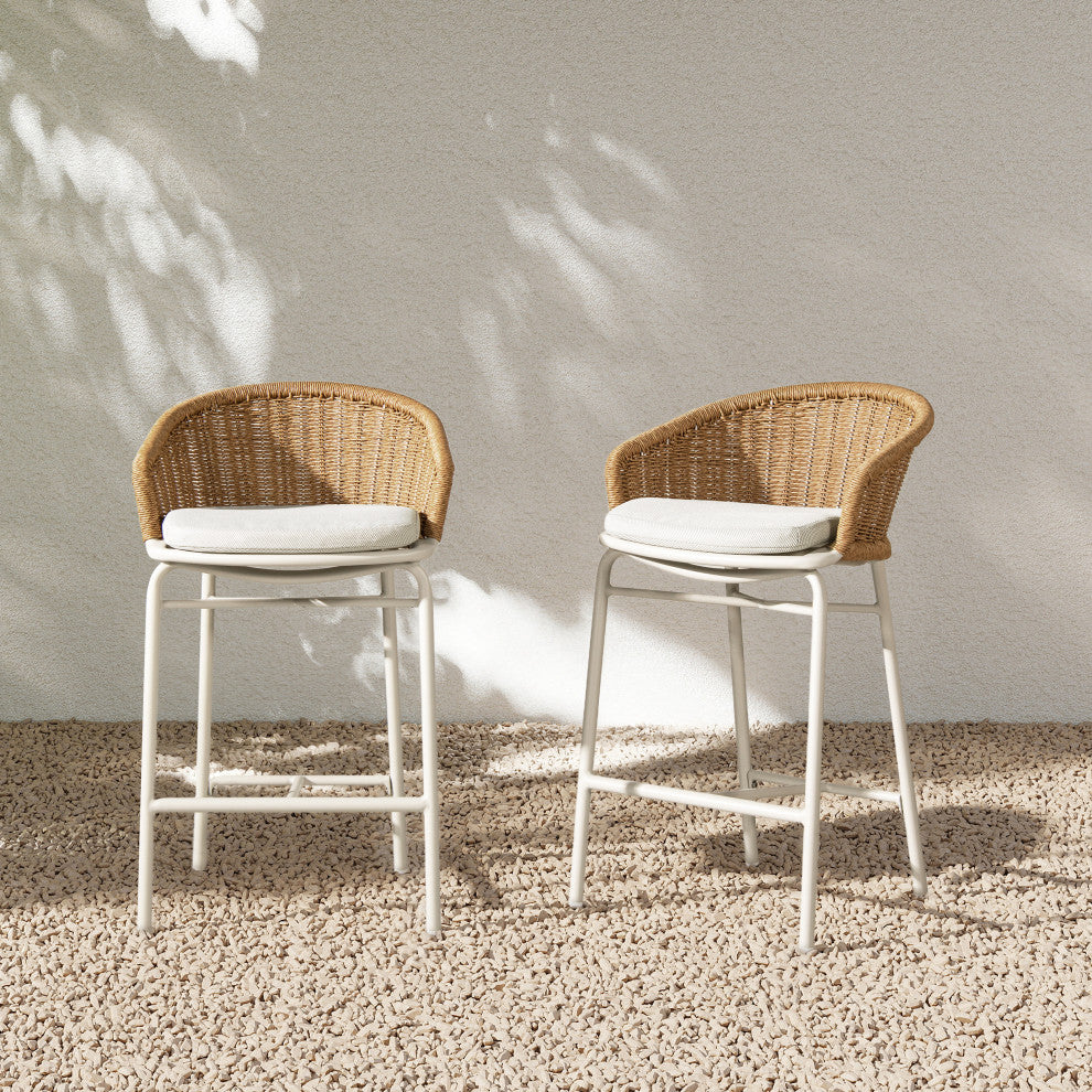 Santorini 28" Wicker Outdoor Patio Bar Stool With Arms, Set of 2, Wheat Beige