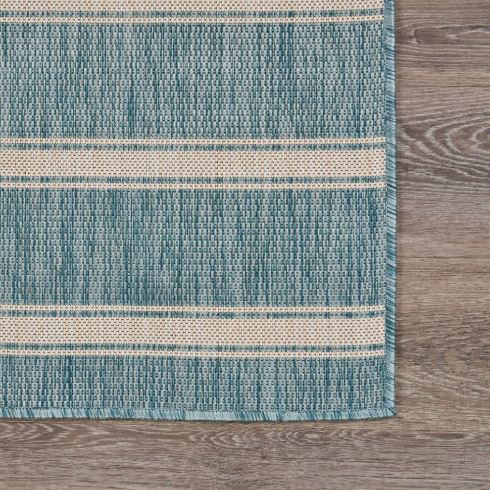 8" x 10" Teal Striped Indoor Outdoor Area Rug
