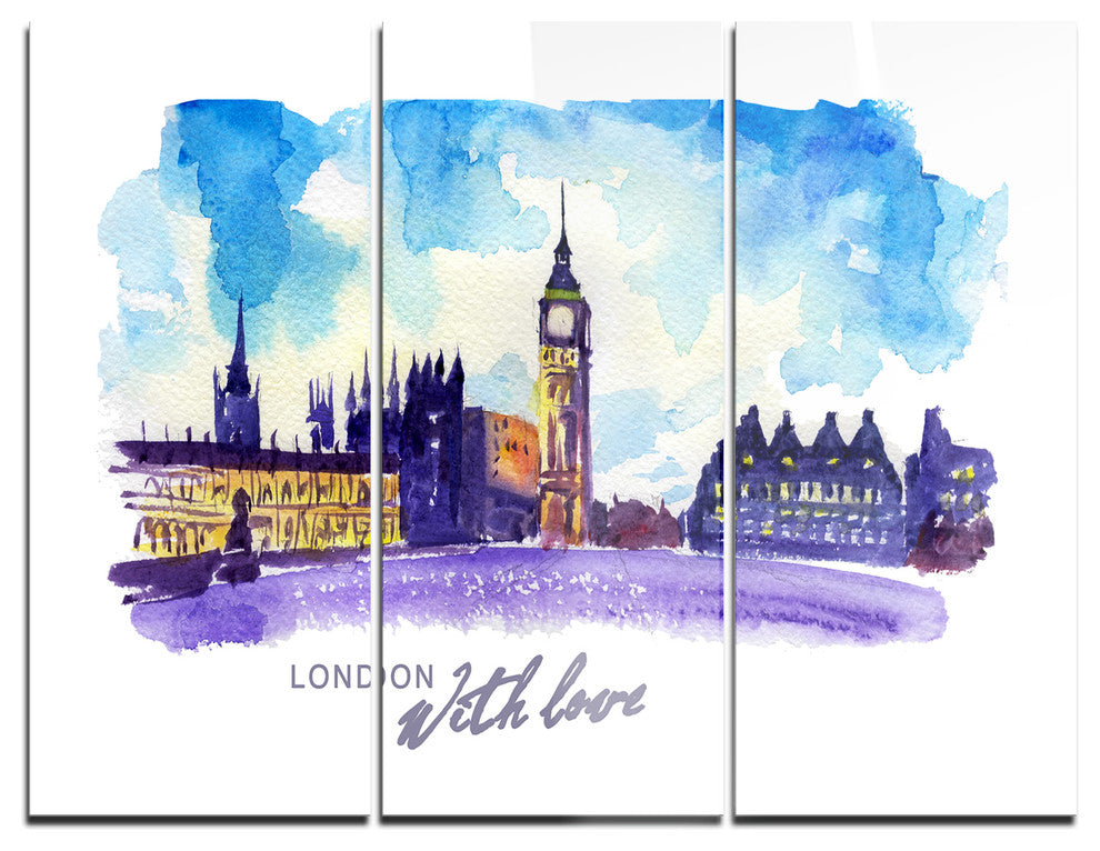 "London Purple Illustration" Painting Metal Wall Art, 3 Panels, 36"x28"