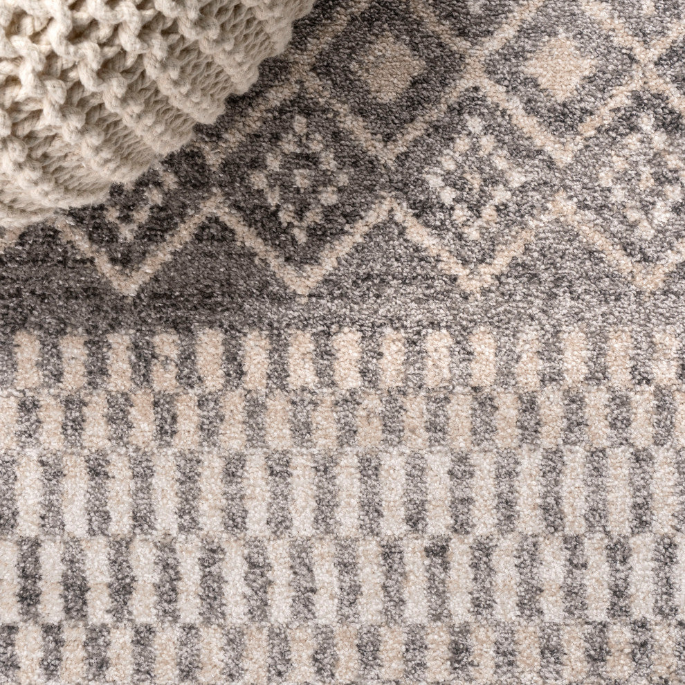 Ifrane Berber Geometric Stripe Runner Rug, Gray/Cream, 5x8