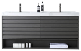 Matera Wall Mount Modern Bathroom Vanity, Charcoal, 60", White Countertop