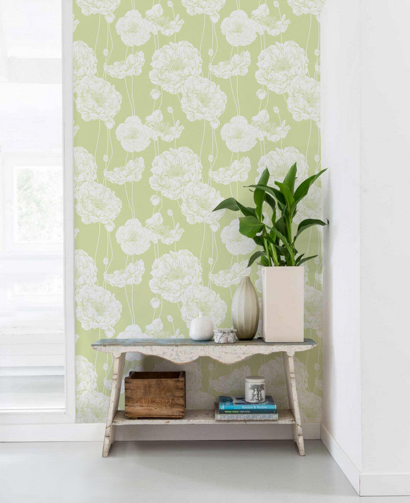 Peony Peel and Stick Vinyl Wallpaper, Lime Green, 24"w X 60"h