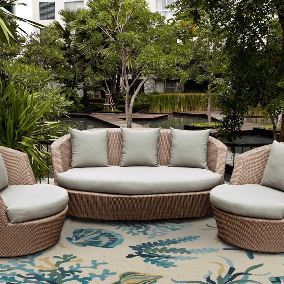 7' Round Uv Treated Polypropylene Ivory Or Blue Area Rug