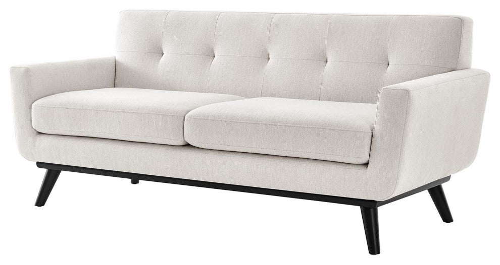 Loveseat Sofa, Ivory White, Fabric, Modern, Mid Century Hotel Lounge Cafe Lobby