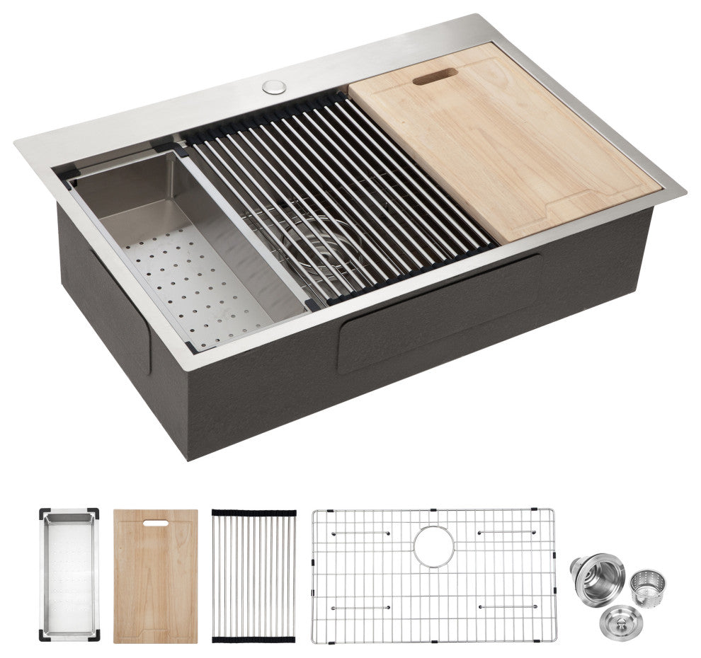 Brushed Nickel Stainless Steel 30 in. Single Bowl Drop-In Kitchen Sink with Work