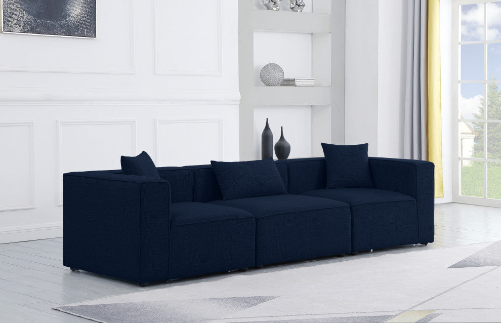 Cube Upholstered Modular Sofa, Navy, 3-Piece: 1 Armless Chair, 2 Corner Chair, Linen Texured Fabric