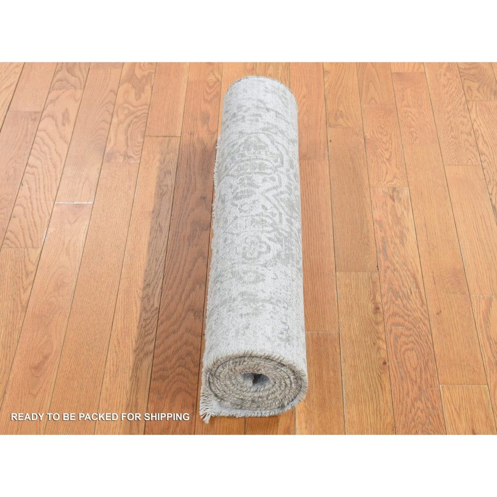 Gray, Abstract Design Wool and Pure Silk Hand Knotted Runner Rug, 2'7"x8'