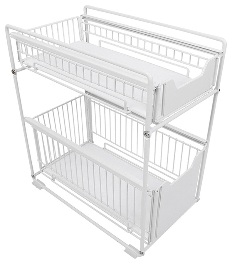 White Steel Under Sink Organizer and Storage, 2-Tier Countertop Sliding Rack