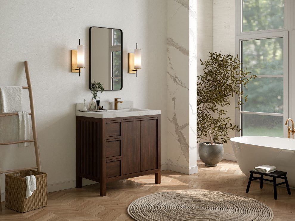Elizabeth 36 Right Offset Bath Vanity in Dark Walnut Teak 2" White Quartz