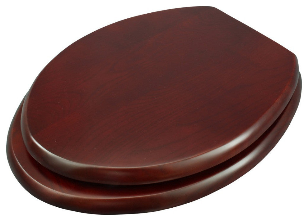 Cherry Finish Wooden Elongated Toilet Seat with Chrome Hinges and Stabilizers