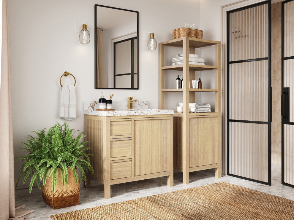 Elizabeth Oak 36" Right Offset Sink Vanity, White 2" Viola Gold