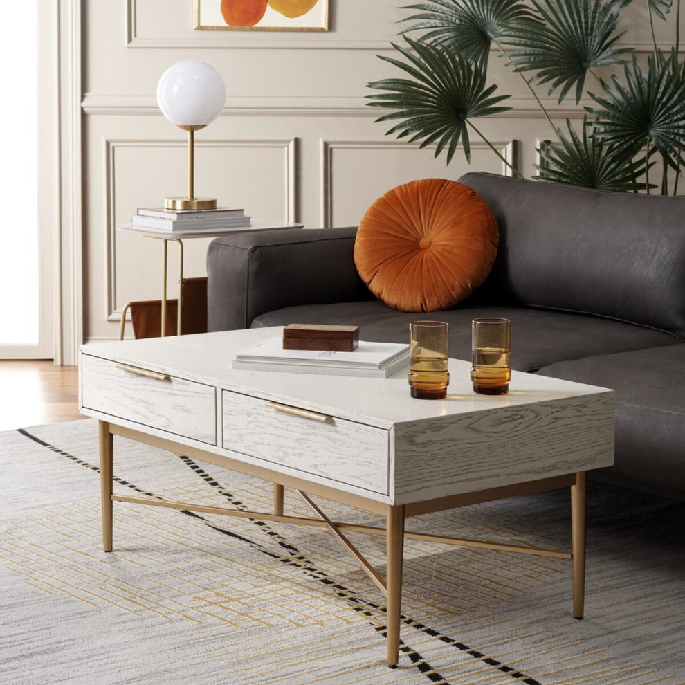 Safavieh Pierre 2 Drawer Coffee Table, White Washed/Gold