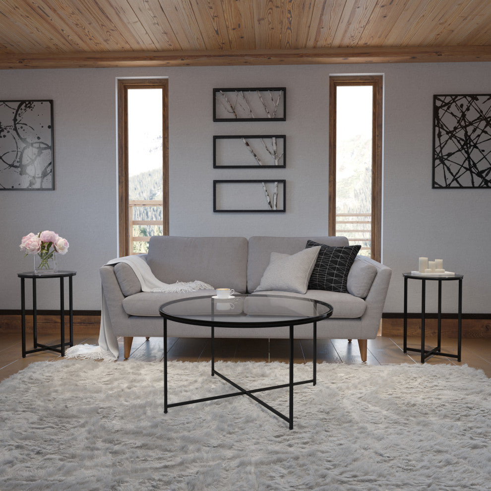 Coffee and End Table Set 3 Piece Occasional Table Set, Clear and Matte Black