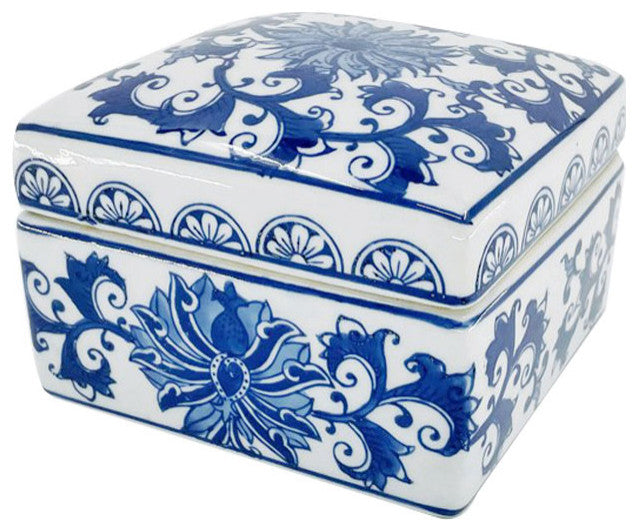Blue & White Chinoiserie Square Ceramic Box - Lotus