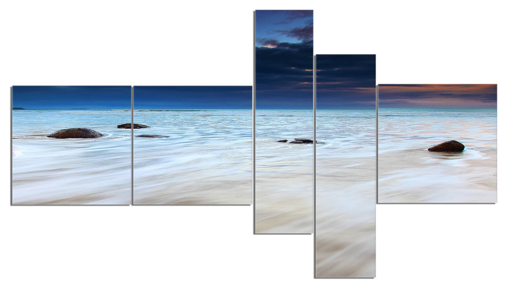 White Waves Over Moeraki Boulders, Seashore Photo Canvas Art, 60"x32", 5 panels