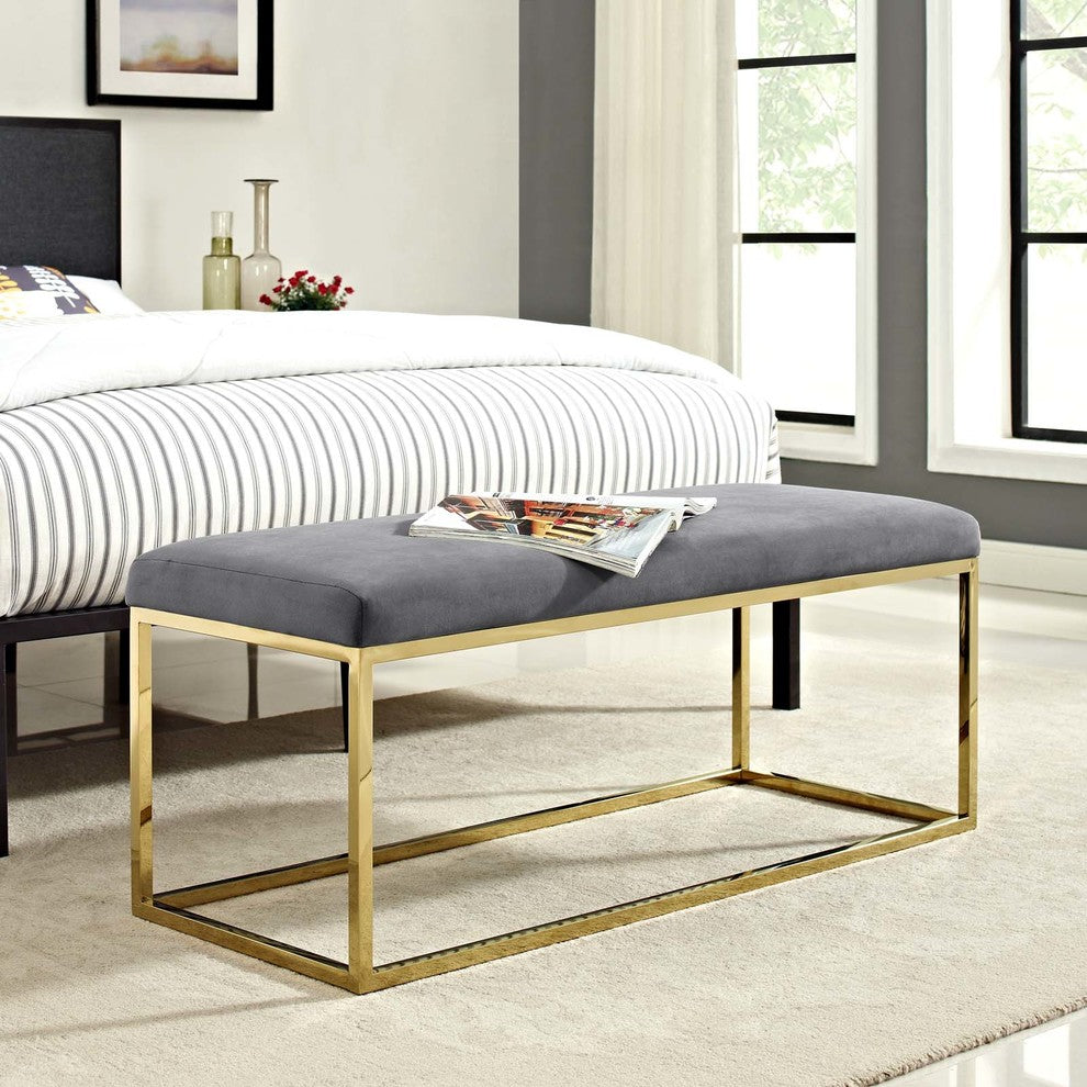 Anticipate Velvet Bench, Gold Gray