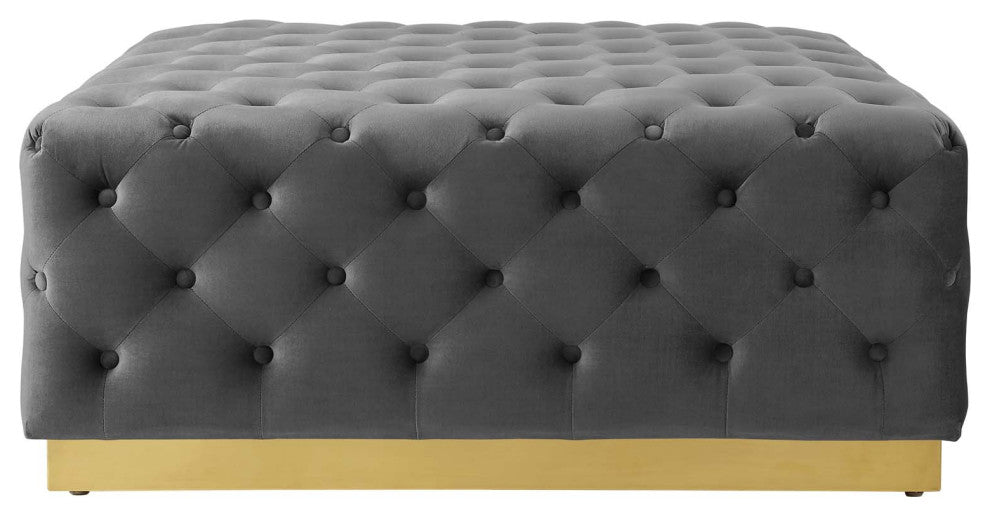 Tufted Accent Chair Ottoman, Square, Velvet, Gray, Modern, Lounge