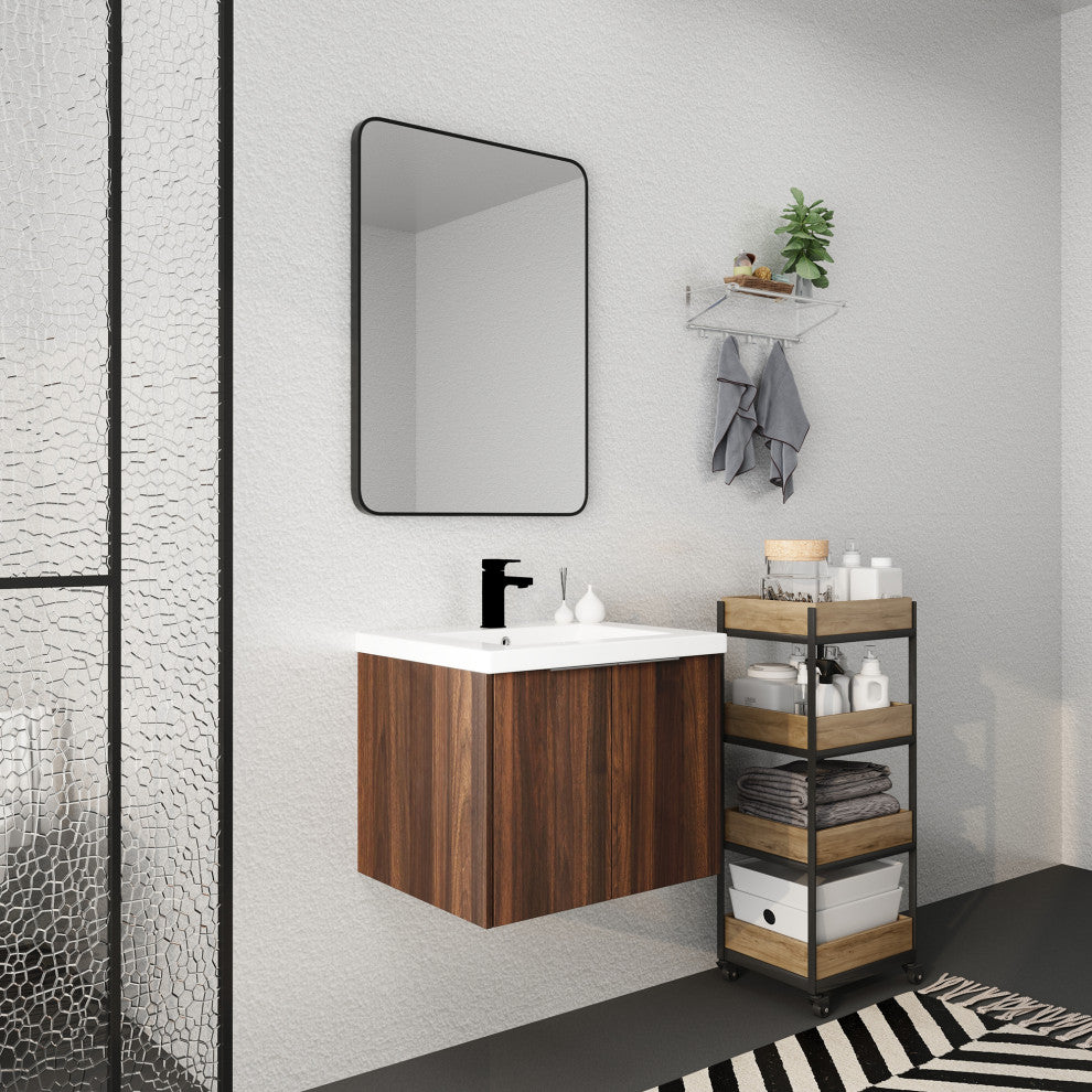 Wood Wall-Mounted Bathroom Vanity Set with Integrated Culture Marble Sink, 24 In