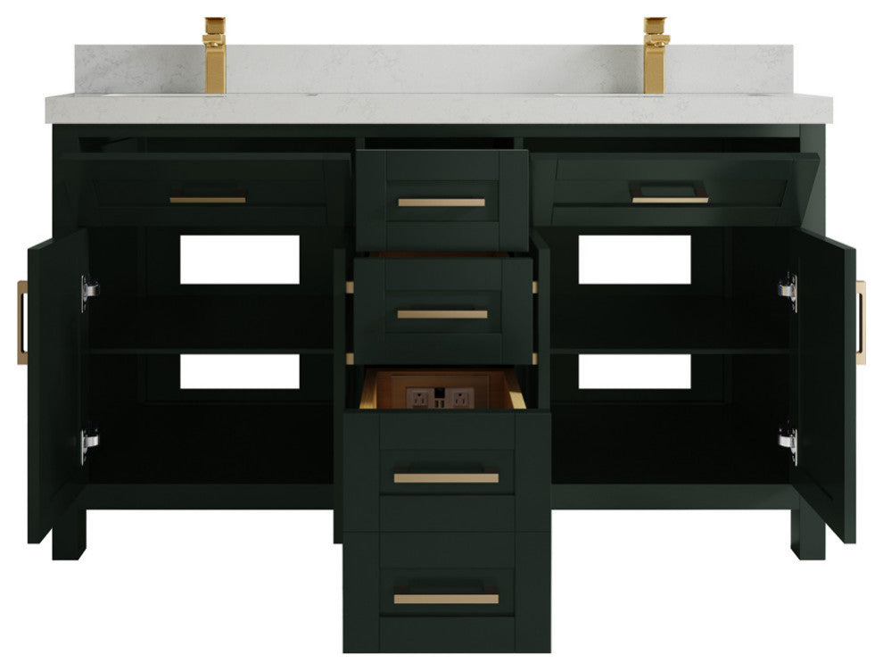 Cambridge 60 Double Bathroom Vanity in Dark Forest Green 2" Carrara Quartz