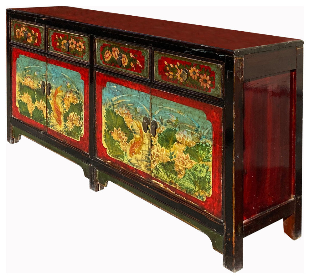 Vintage Oriental Blue Fishes Graphic Sideboard Console Table Cabinet Hcs7138
