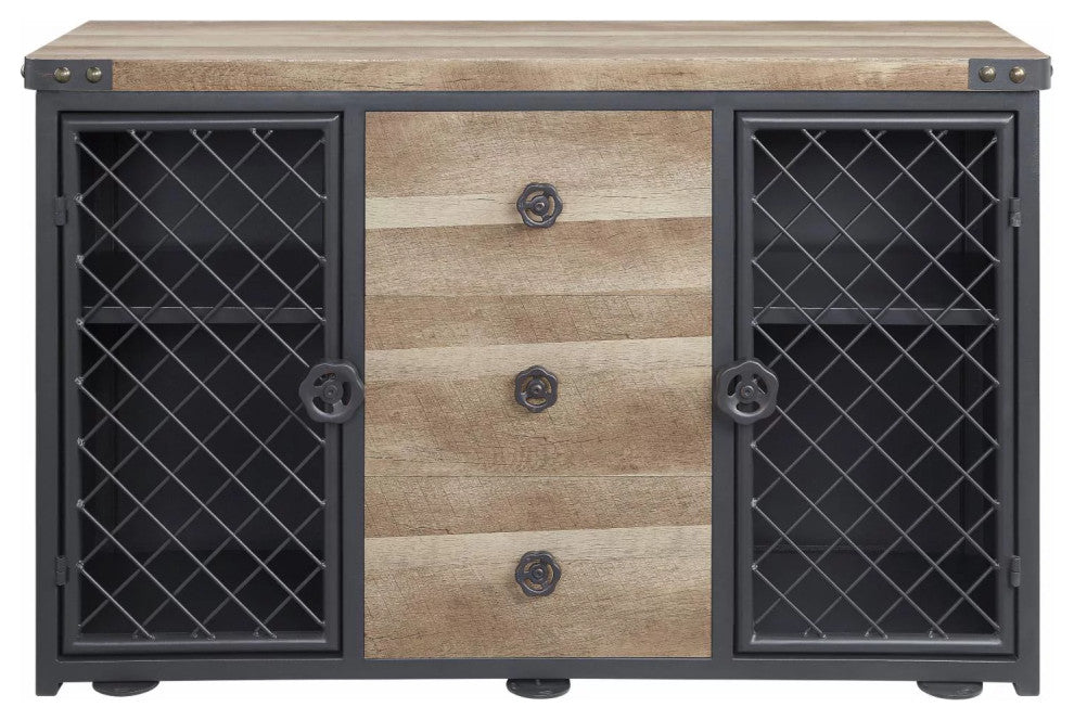Industrial Sideboard, Mesh Doors & Drawers & Water Valve Knobs, Sandy Black/Oak
