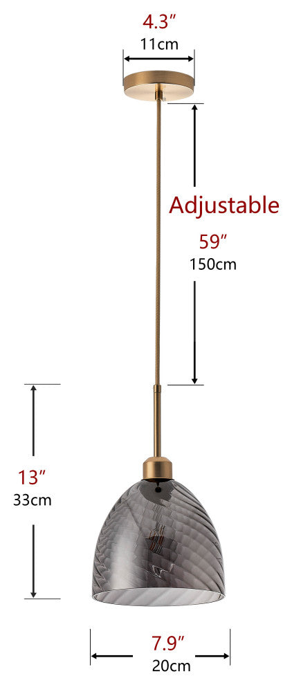 Modern Brushed Bronze 1-Light Smoke Grey Striped Glass Pendant Light