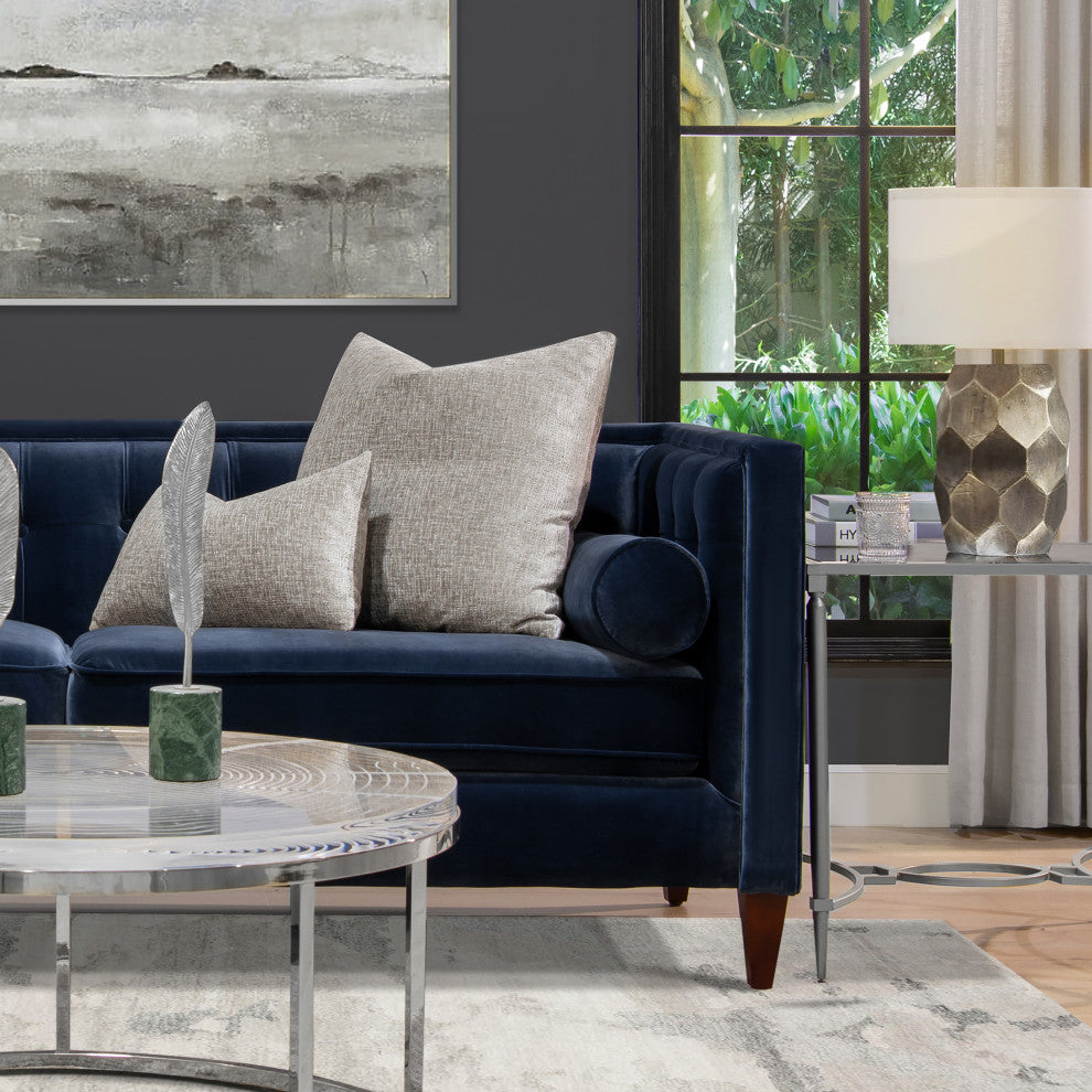 Jack 84" Modern Tuxedo Sofa With Bolster Pillows, Dark Navy Blue Velvet