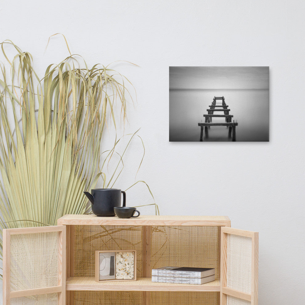 Soft Lake and Abandoned Pier Black and White Landscape Photo Canvas Art Print, 18" X 24"