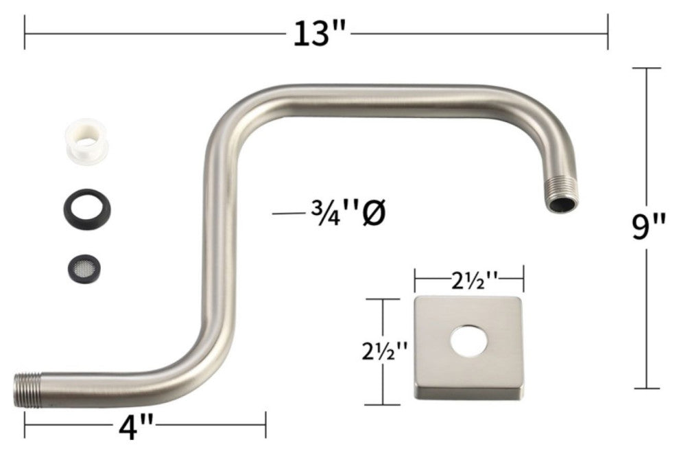 MODONA's Goosneck SQUARE Rain Shower Arm, Satin Nickel