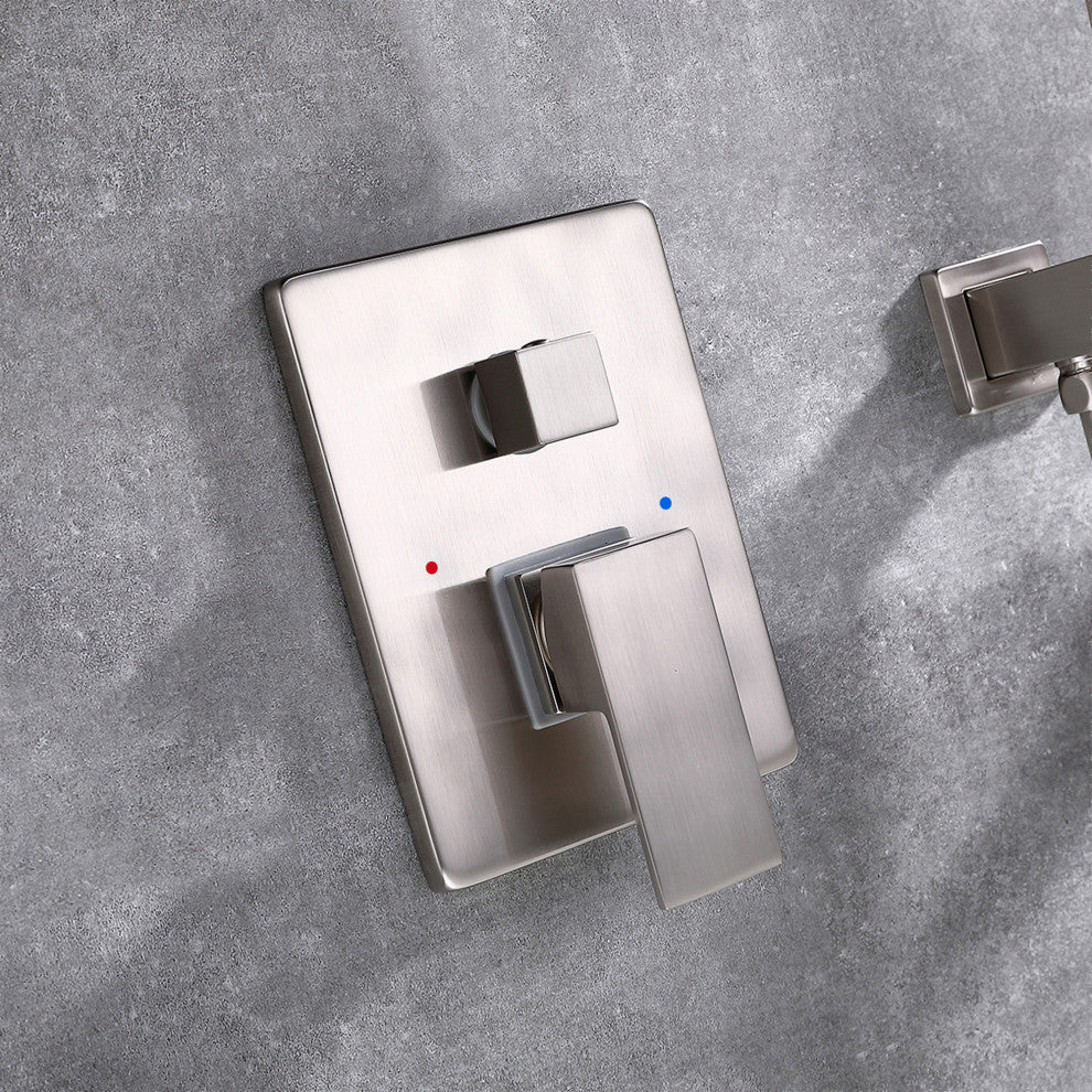 Wall Mounted Double Handle Roman Tub Faucet with Hand Shower, Brushed Nickel