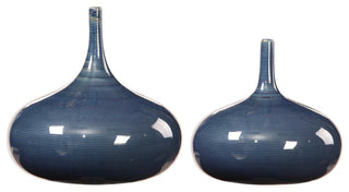 Elegant Dark Blue Tear Drop Shape Vase 2-Piece Set, Ribbed Curved Bottle