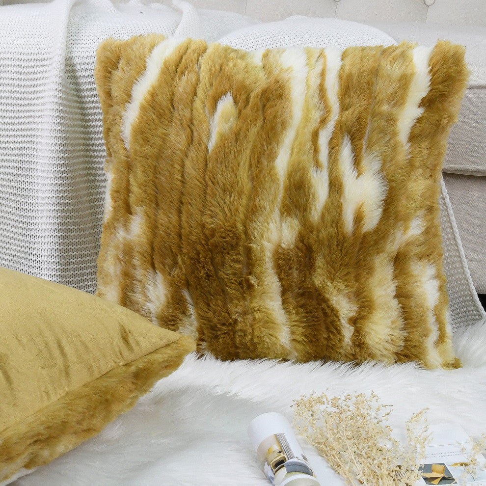 Jacquard Faux Fur Pillow Covers Set of 2, Amber Gold, 26'' x 26''