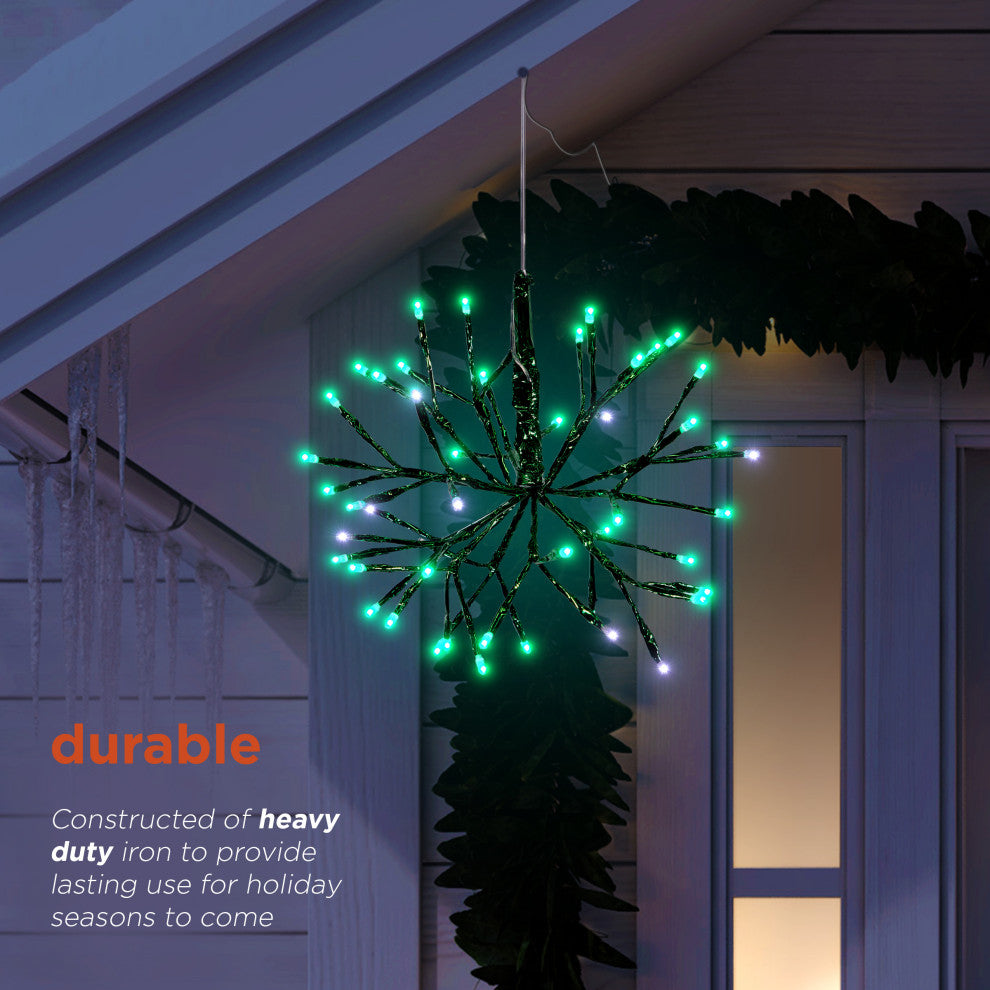 10"H Indoor Christmas Twig 3D Hanging Snowflake Ornament with LED Lights, Green
