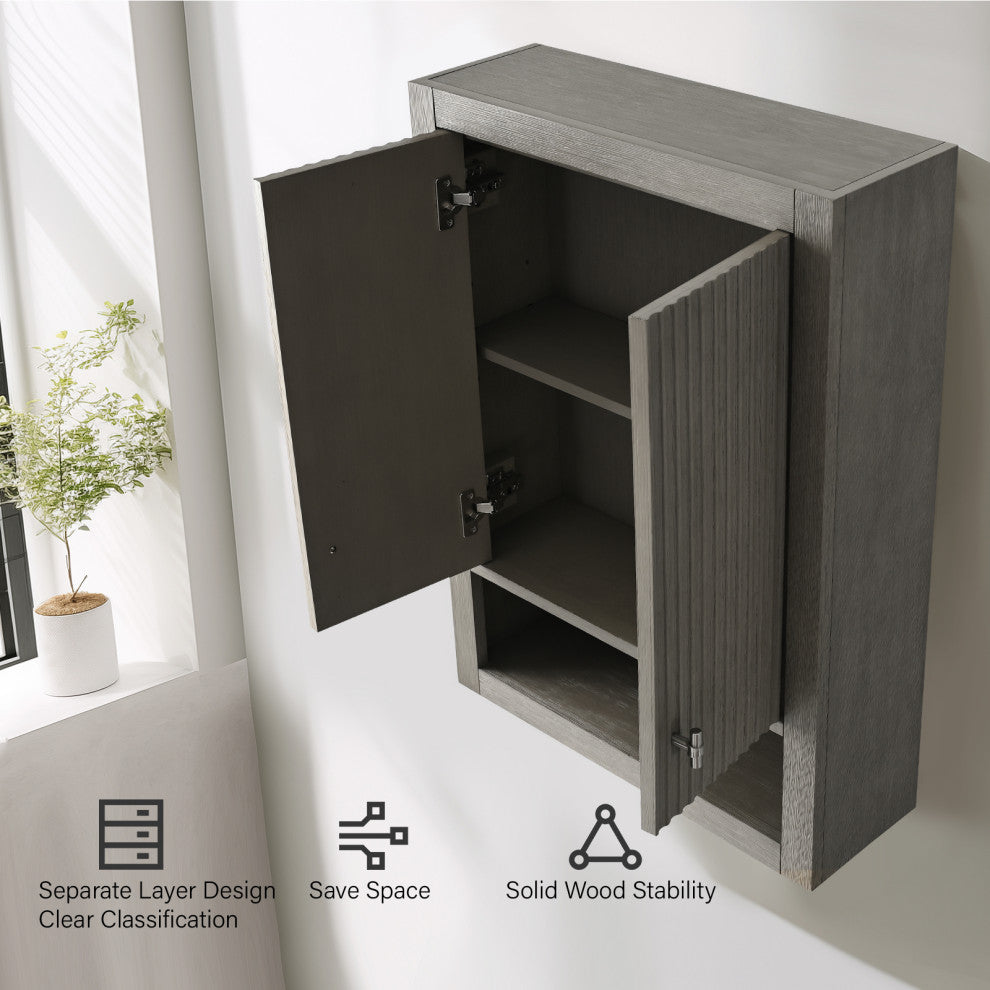 Vanity Art 24" Wall Mounted Bathroom Storage Cabinet, Linear Driftwood Gray, Brushed Nickel Handle