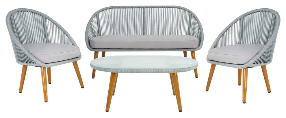Safavieh Outdoor Halcott 4 Piece Living Set Grey Rope / Grey Cushion / Gold Legs