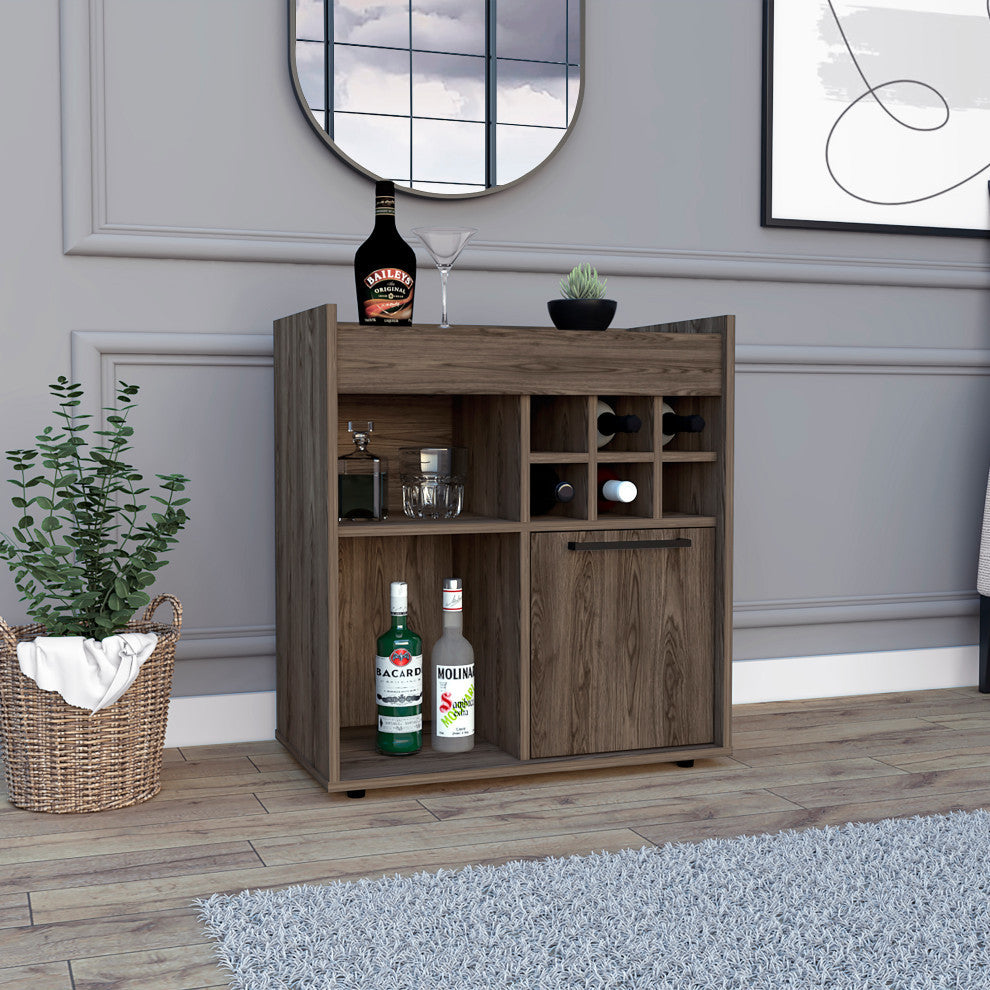 Leeds Bar Cabinet with 2 Open Shelves and 6 Wine Cubbies, Dark Walnut