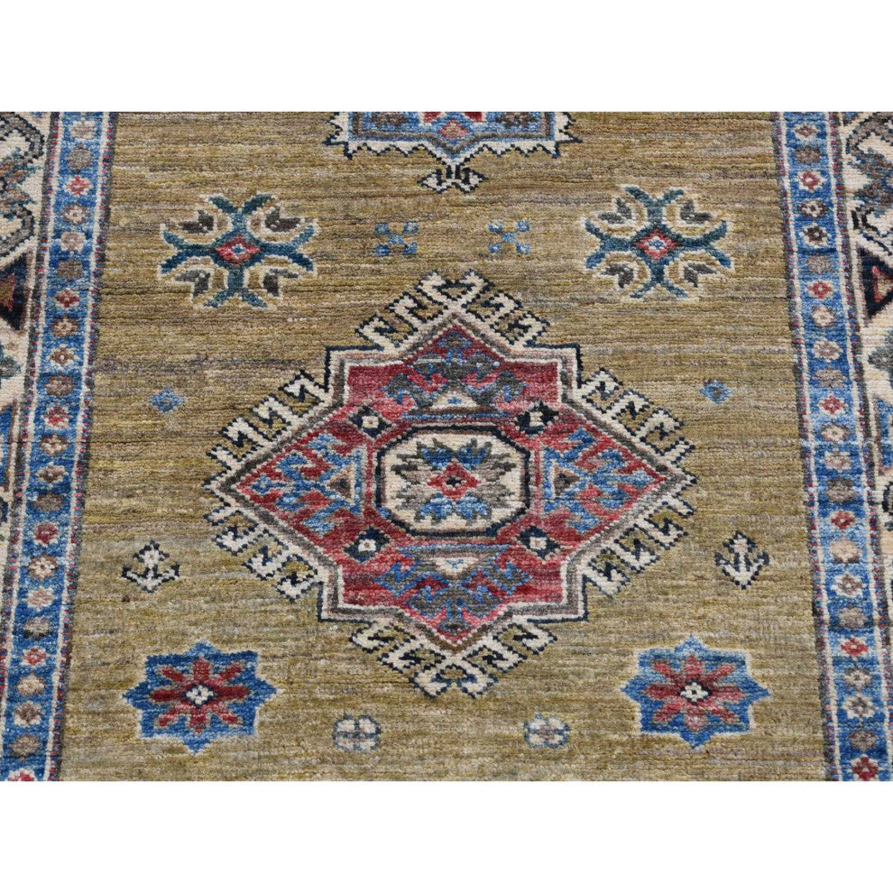 Green Hand Knotted Afghan Super Kazak Geometric Medallion Wool Rug, 2'9"x7'7"